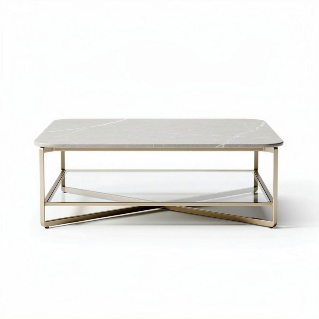Marble top coffee table with glass shelf and gold metal frame 120 x 60 x 45cm