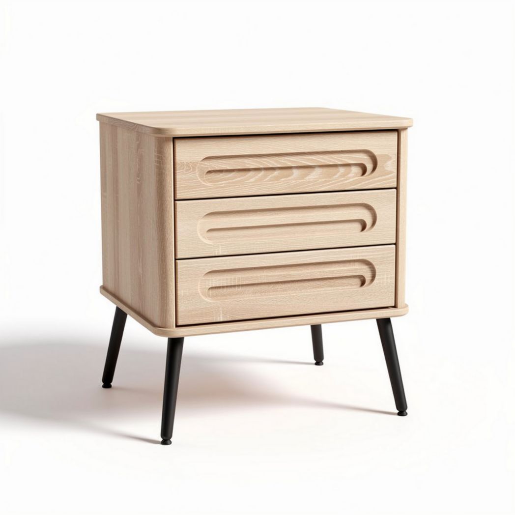 Wooden bedside table with three drawers and metal legs 40 x 40 x 50cm