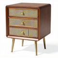 Wooden nightstand with three rattan drawers and metal legs 40 x 40 x 60cm