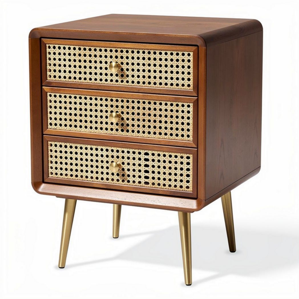 Wooden nightstand with three rattan drawers and metal legs 40 x 40 x 60cm