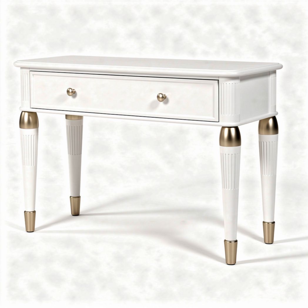 White wooden console table with gold accents and single drawer 60 x 40 x 75cm