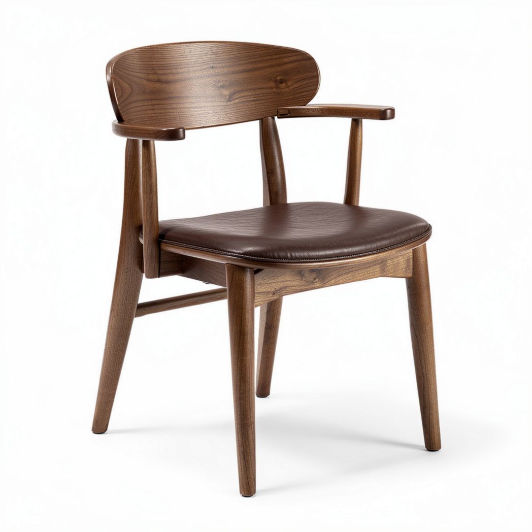 Wooden dining chair with brown leather seat and curved backrest 45 x 55 x 80cm