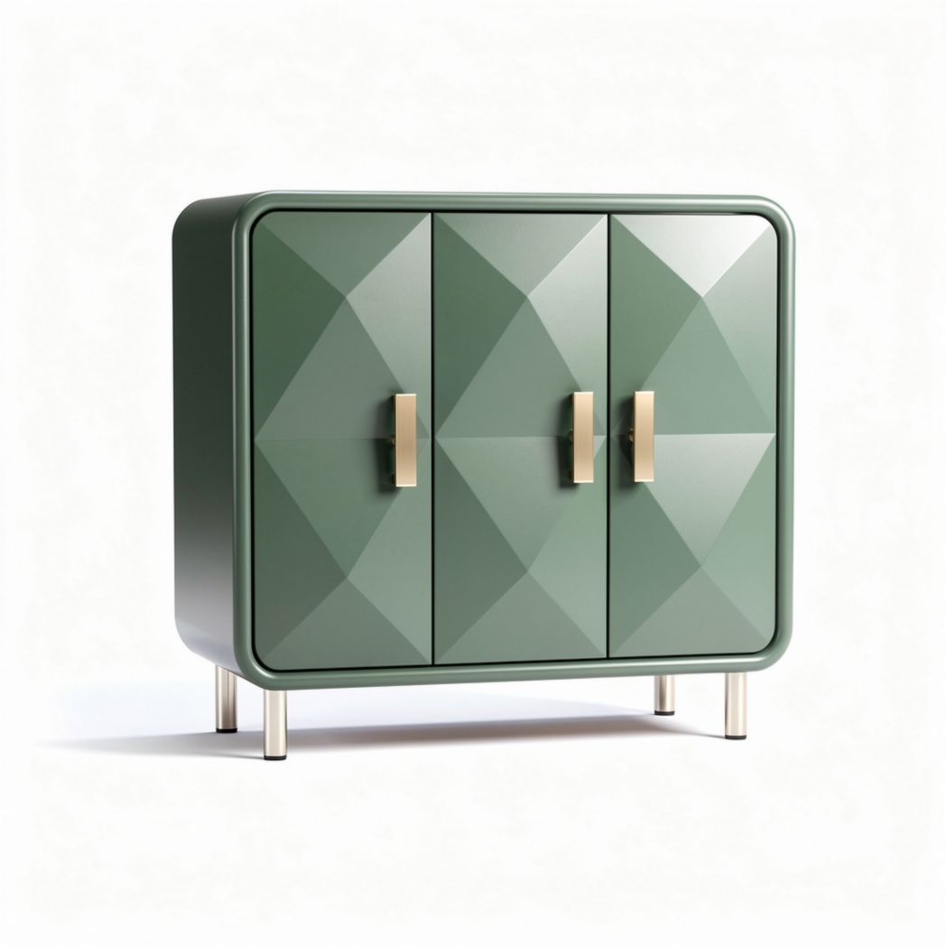 Geometric green storage cabinet with three doors and metal legs 80 x 40 x 90cm