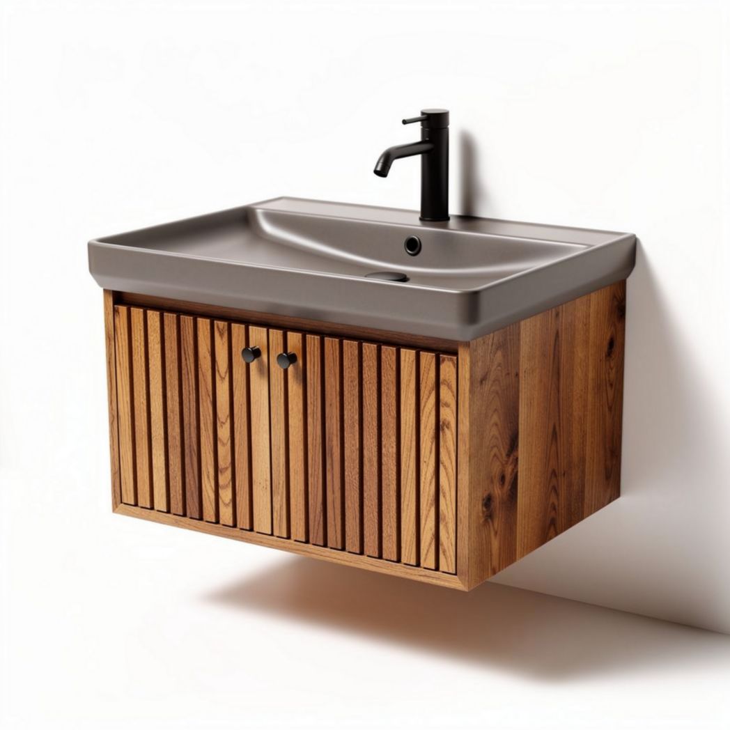 Wall-mounted sink with wooden cabinet and gray ceramic basin 70 x 45 x 15cm