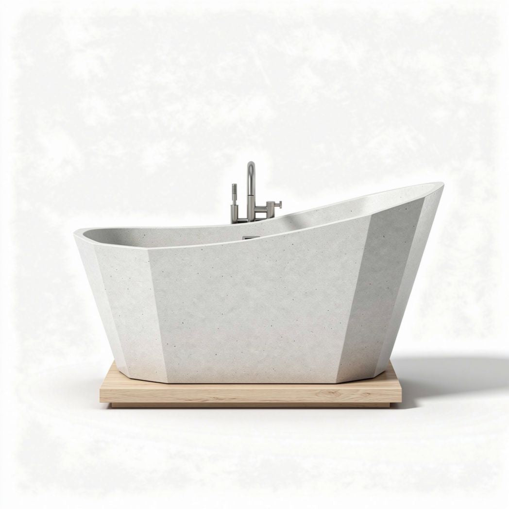 Freestanding modern bathtub with concrete finish and natural wood base 170 x 80 x 60cm