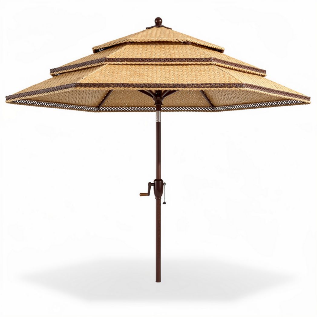 Outdoor patio umbrella with multi-tiered canopy in natural color 200 x 200 x 250cm