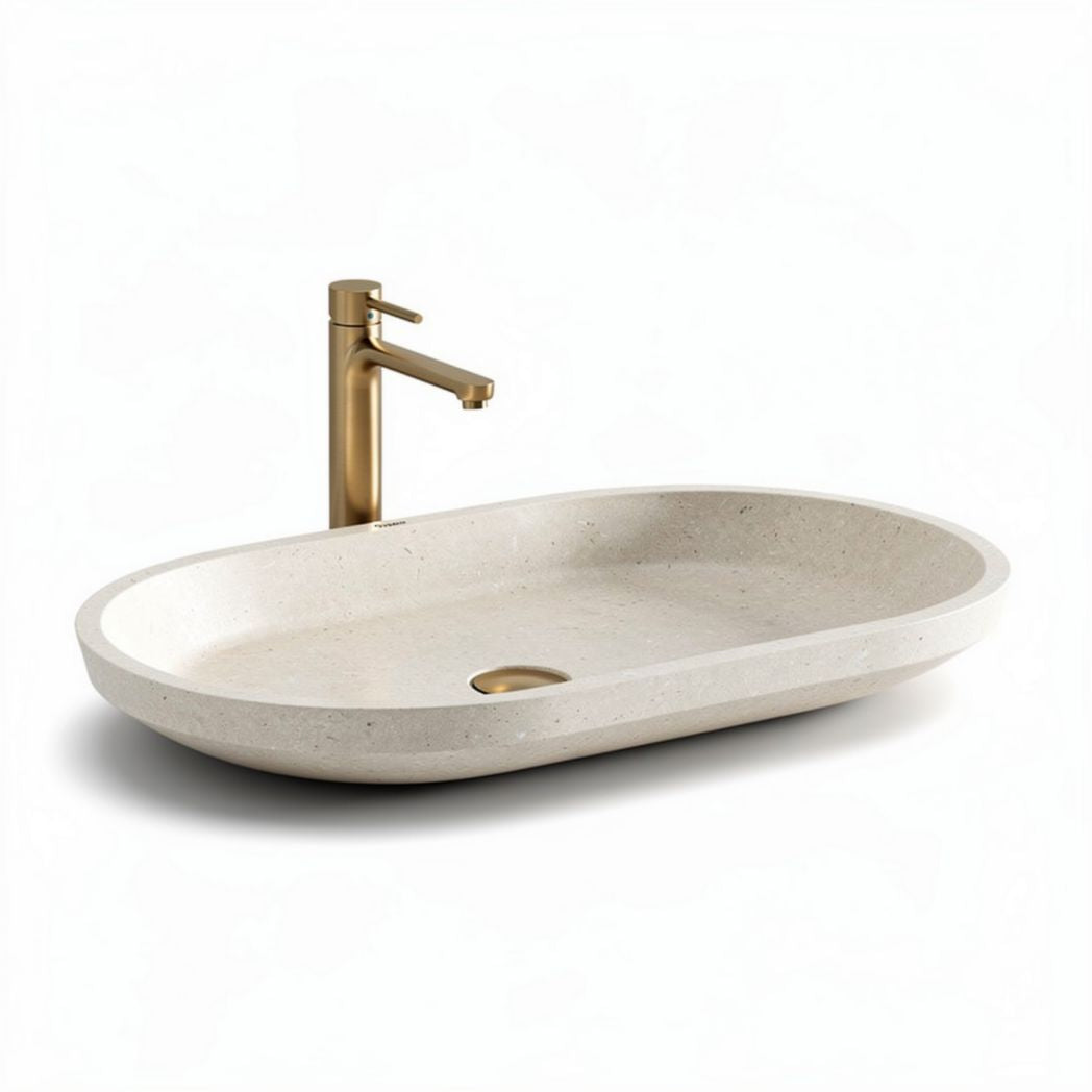 Stone oval sink with brass faucet 60 x 30 x 15cm for bathroom use