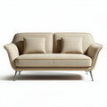 Two-seater sofa in beige fabric with stainless steel legs and cushions