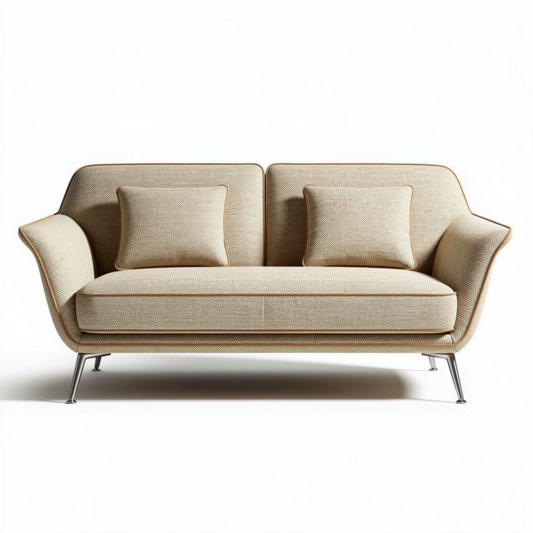 Two-seater sofa in beige fabric with stainless steel legs and cushions