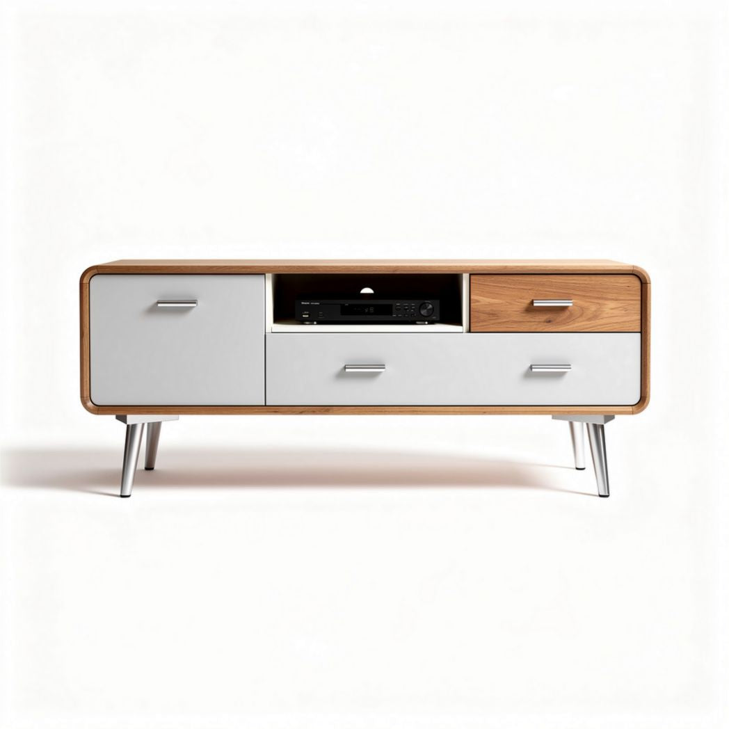 Wooden media console with white drawers and silver legs 120 x 40 x 50cm
